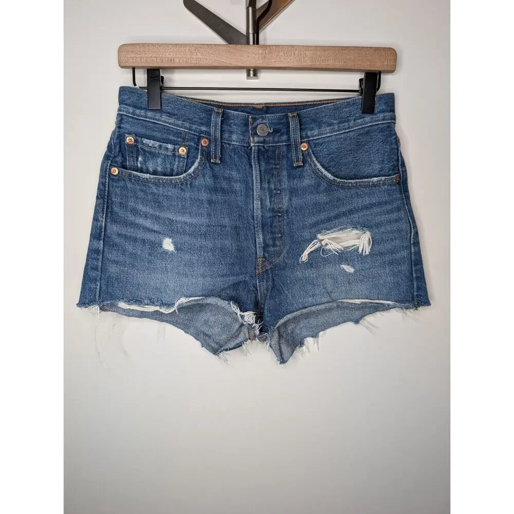 Levi's 501 High Rise Button Fly Distressed Shorts in Drive Me Crazy Size 26